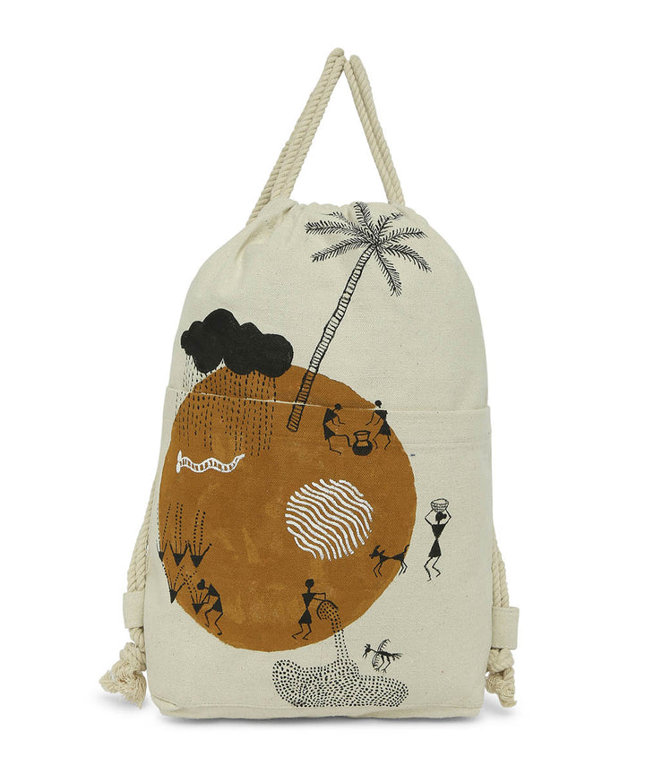 Beige yellow cotton hand painted warli sack bag