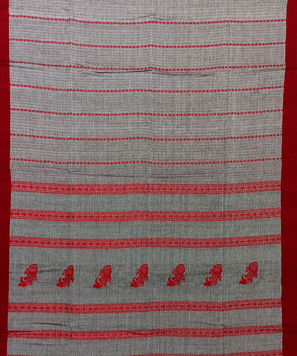 Grey red cotton handloom bengal saree