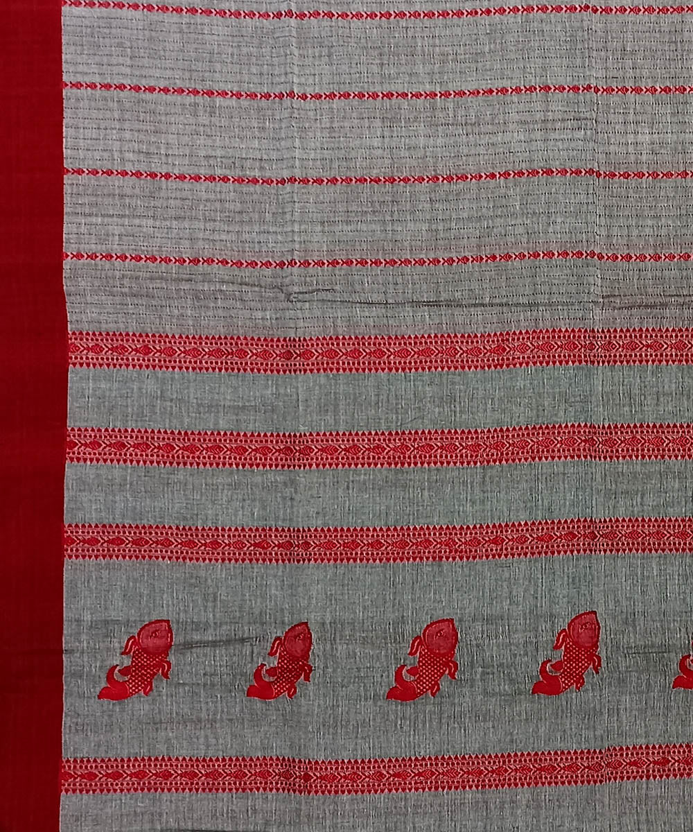 Grey red cotton handloom bengal saree