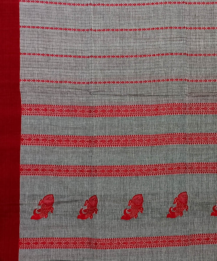 Grey red cotton handloom bengal saree
