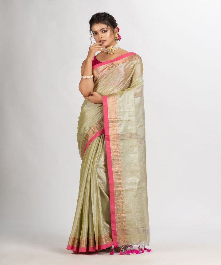 Beige pink handloom cotton tissue with jacquard border bengal saree