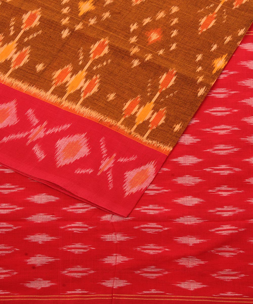 Brown red pochampally cotton handloom saree