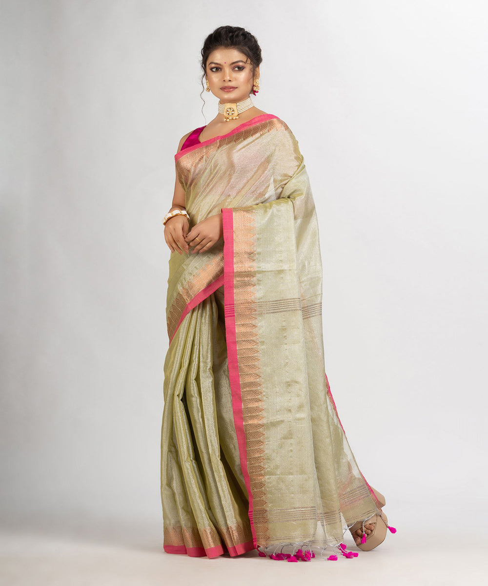 Beige pink handloom cotton tissue with jacquard border bengal saree