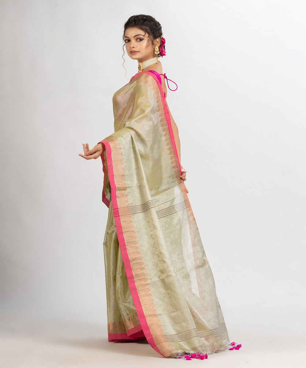 Beige pink handloom cotton tissue with jacquard border bengal saree