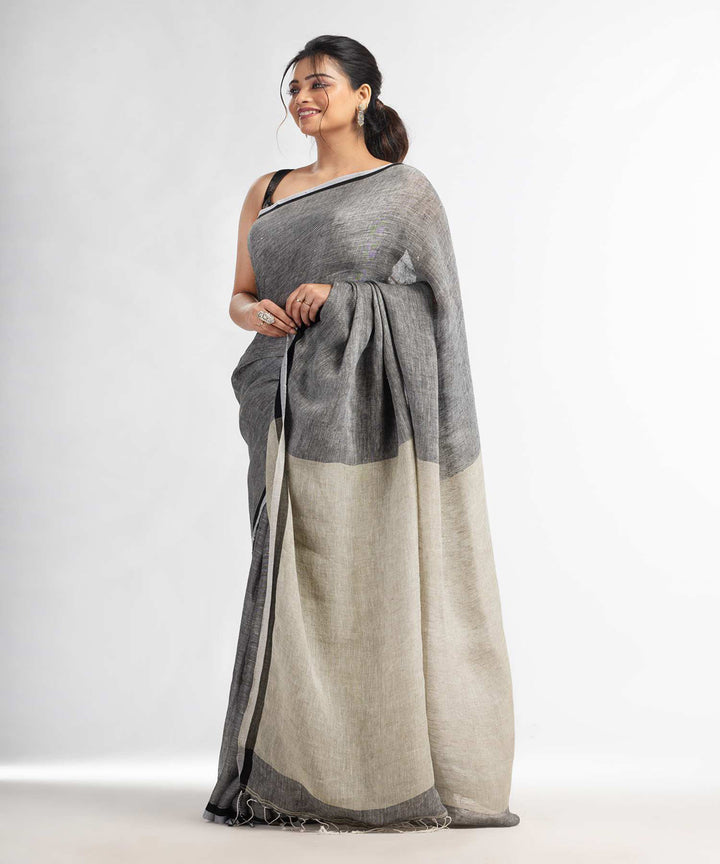 Grey plain handwoven bengal linen saree