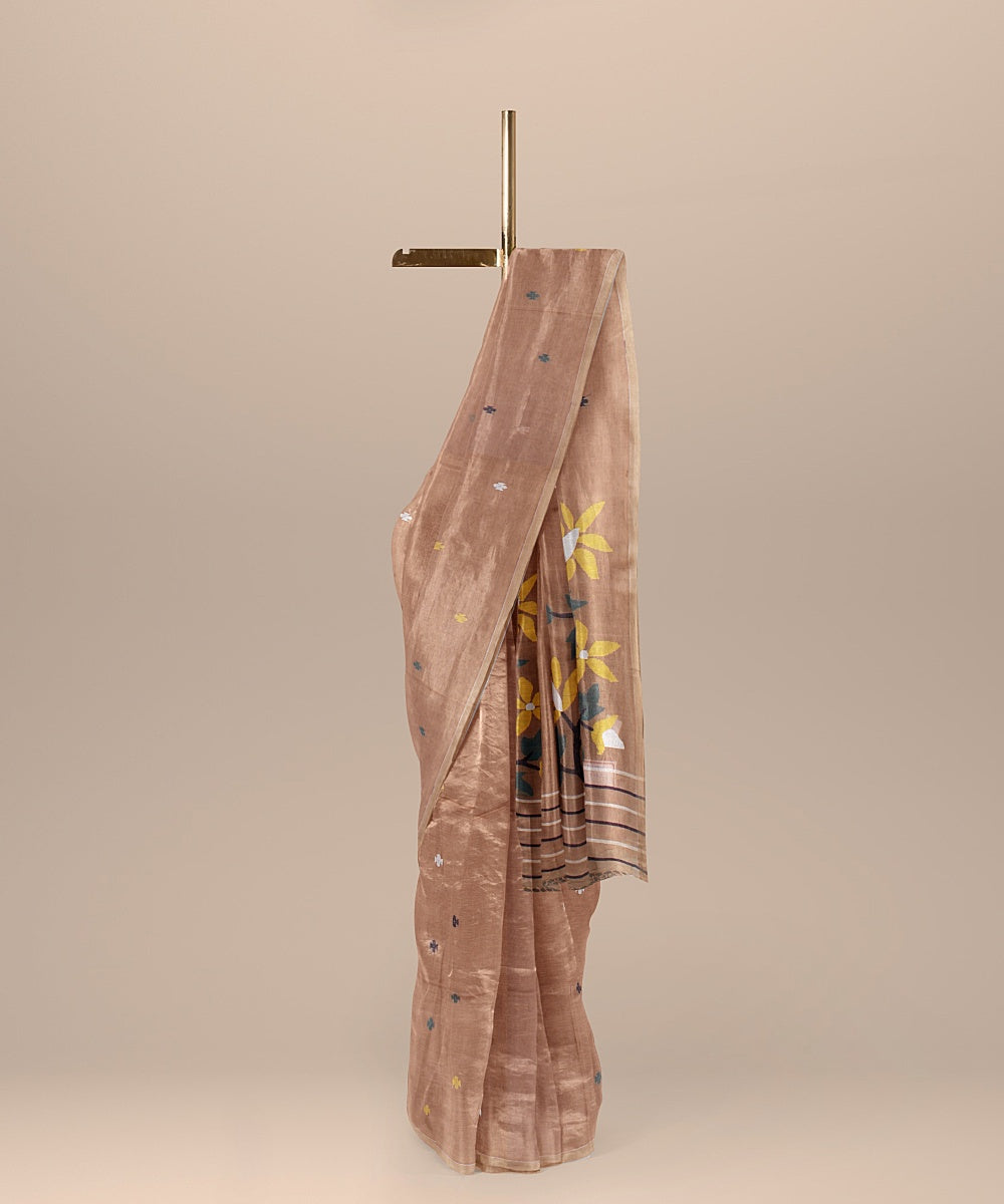 Brown grey handloom cotton bengal saree