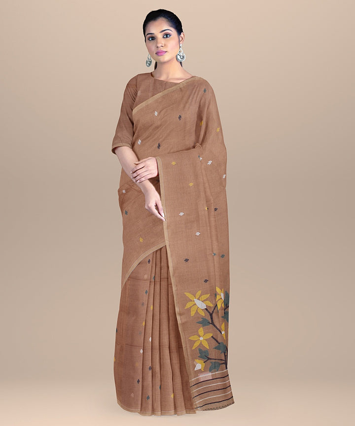 Brown grey handloom cotton bengal saree