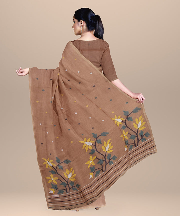 Brown grey handloom cotton bengal saree