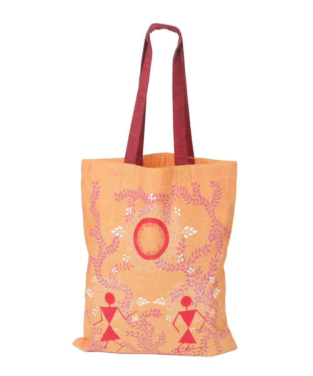 Orange red cotton hand painted warli tote bags