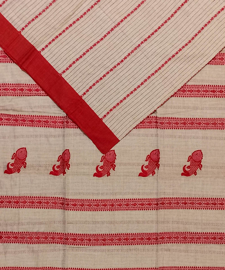 Beige red cotton bengal handwoven saree
