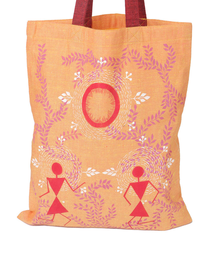 Orange red cotton hand painted warli tote bags