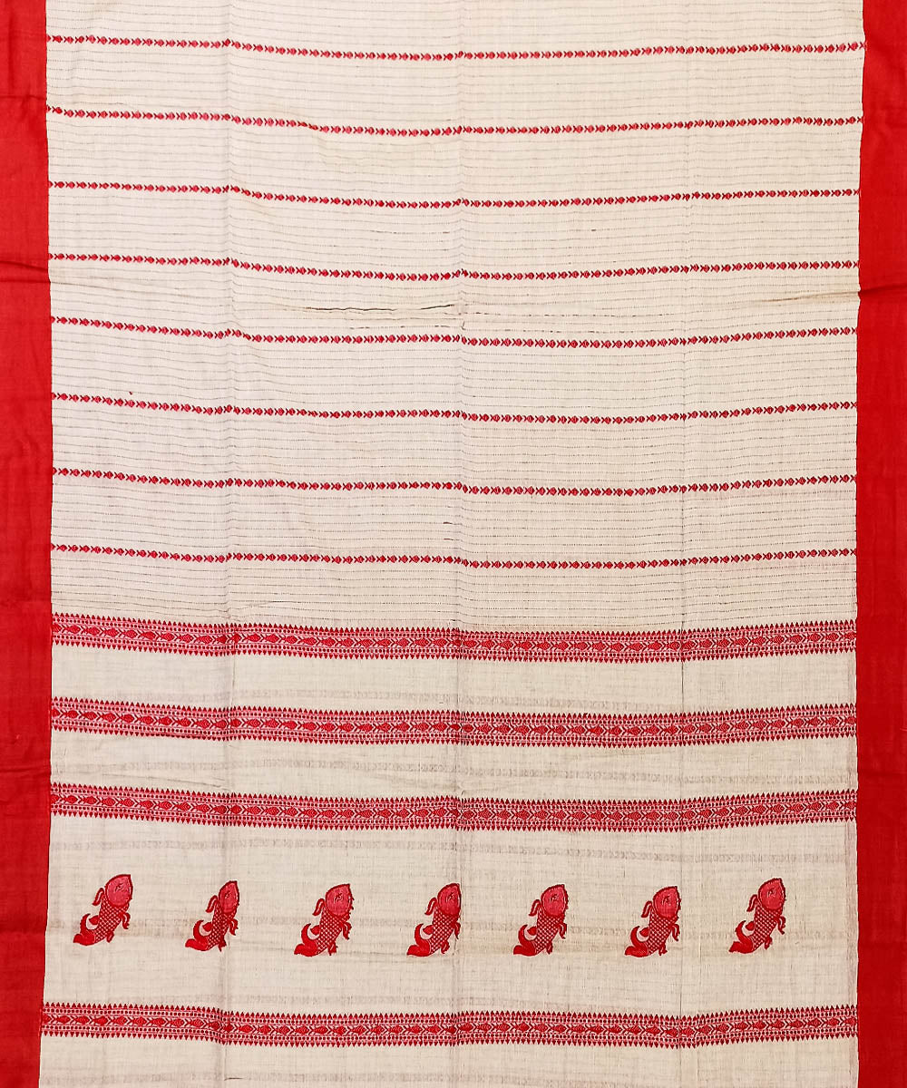 Beige red cotton bengal handwoven saree