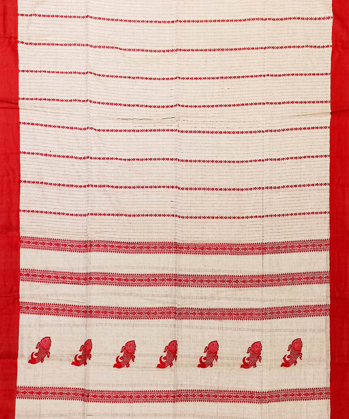 Beige red cotton bengal handwoven saree