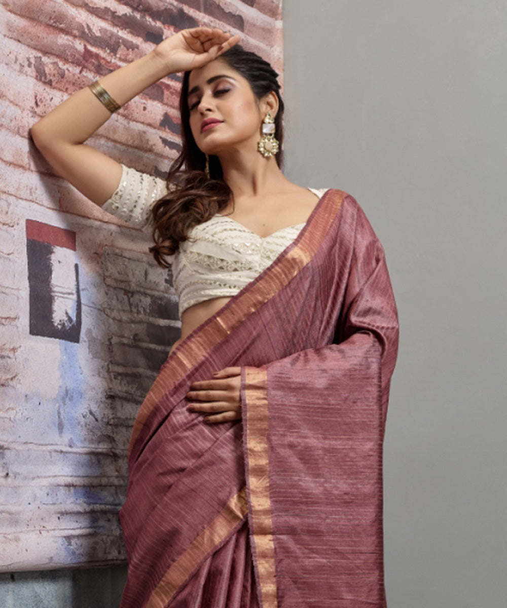 Brick brown  handwoven chhatisgarh tussar silk saree