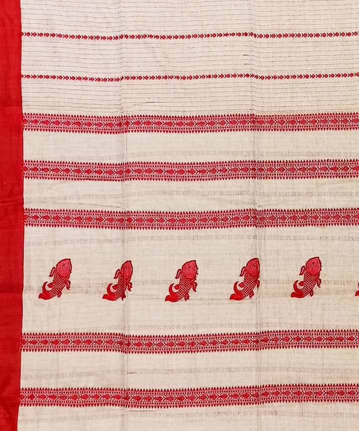 Beige red cotton bengal handwoven saree