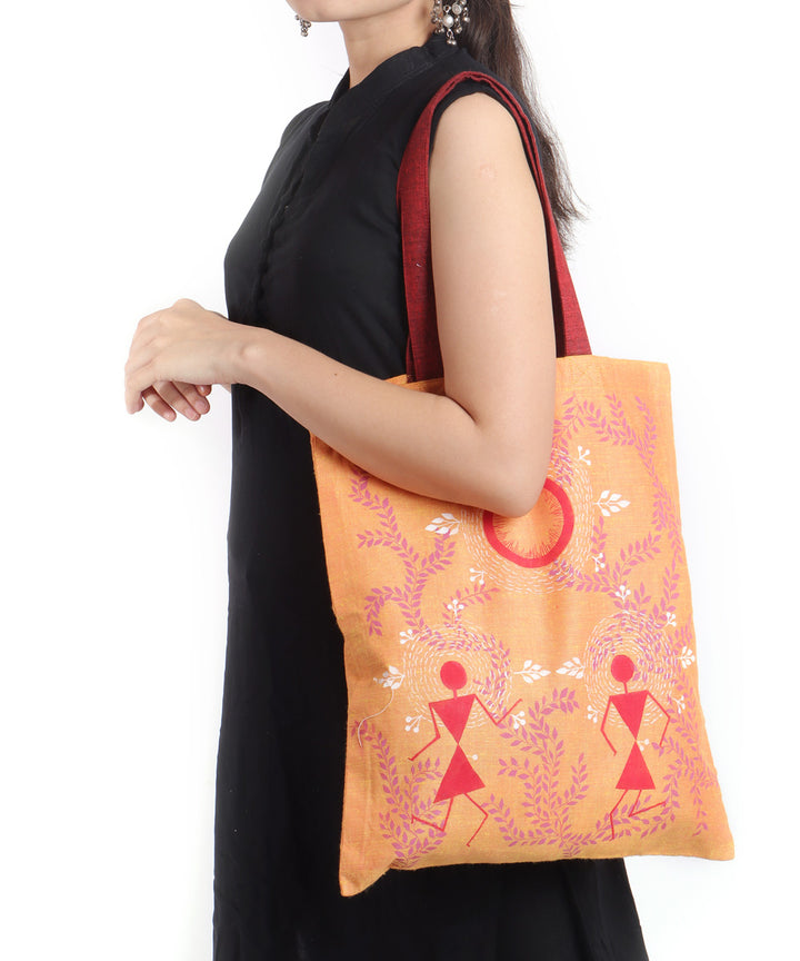 Orange red cotton hand painted warli tote bags