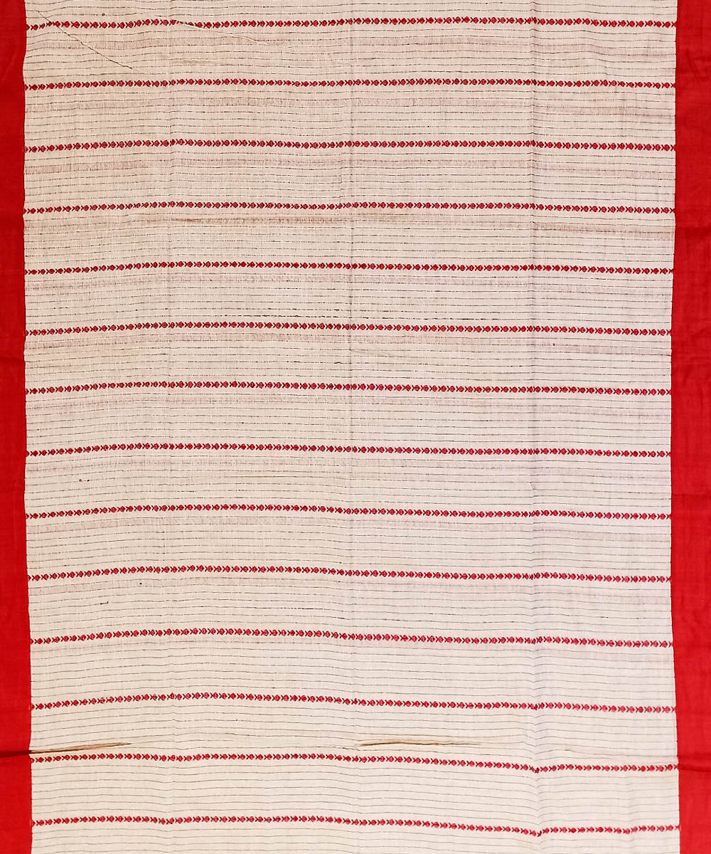 Beige red cotton bengal handwoven saree