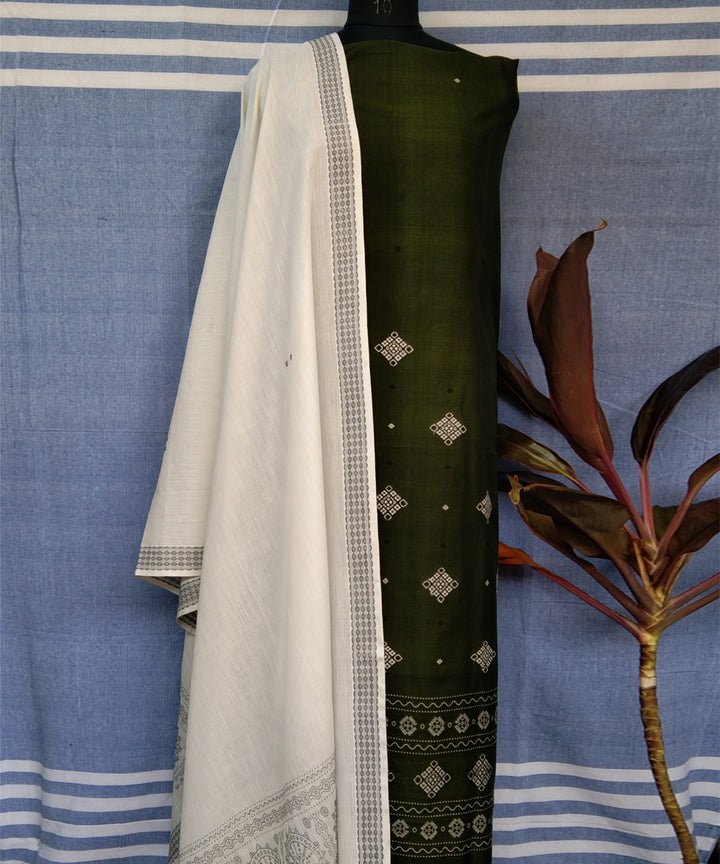 Olive green white handwoven cotton bomkai dress material
