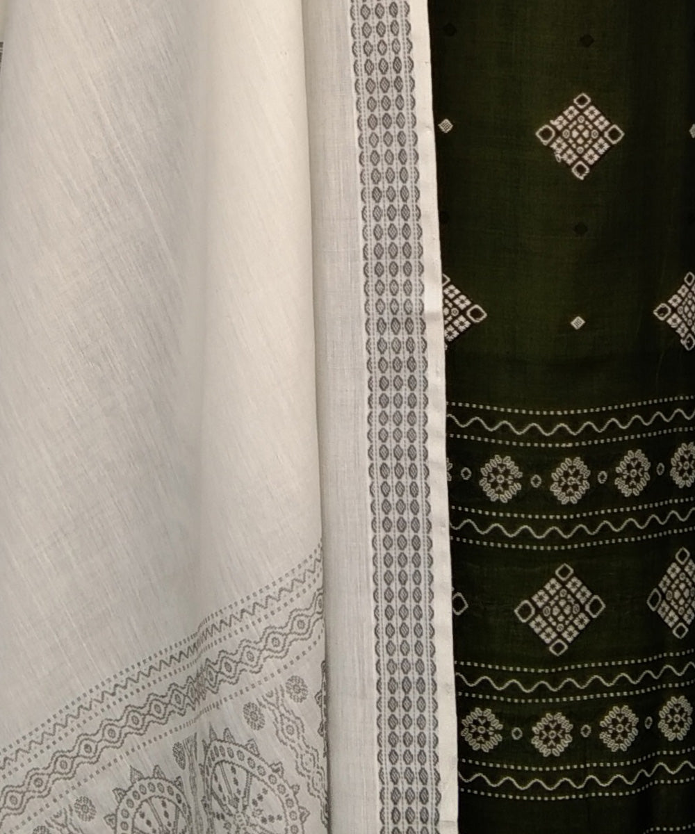Olive green white handwoven cotton bomkai dress material