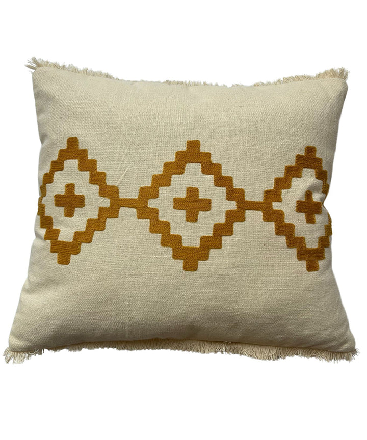 Cream brown slub cotton hand embroidered cushion cover