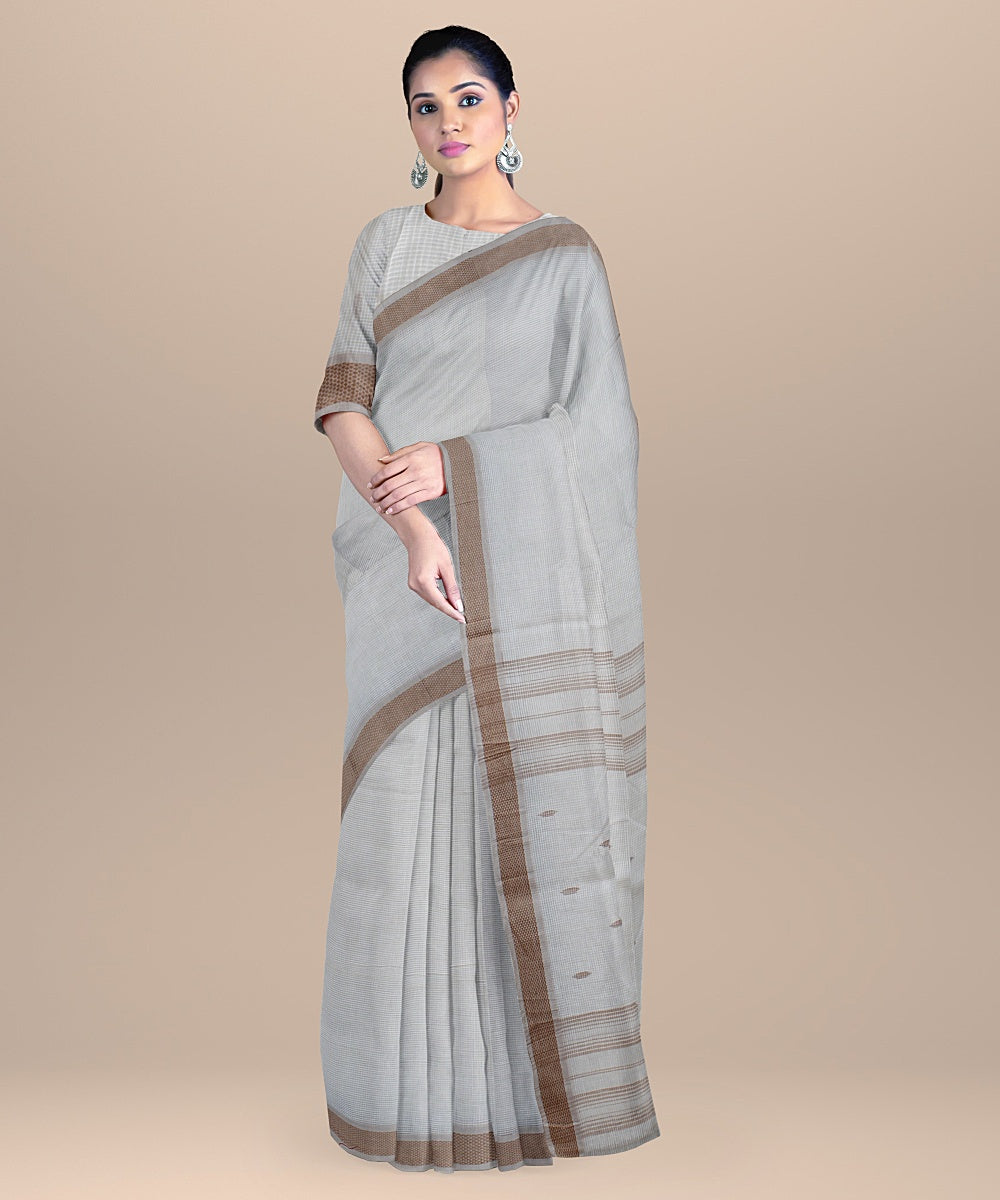 Cream brown handloom cotton bengal saree