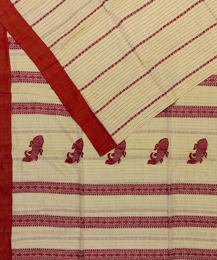 Cream red cotton handloom bengal saree