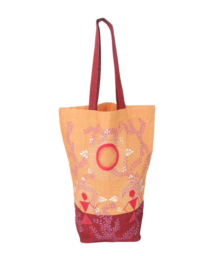 Maroon orange cotton hand painted warli tote bags