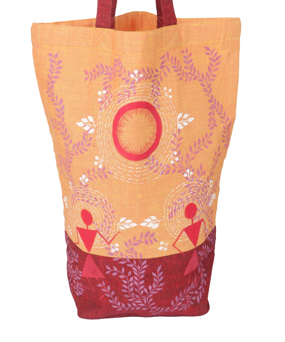 Maroon orange cotton hand painted warli tote bags