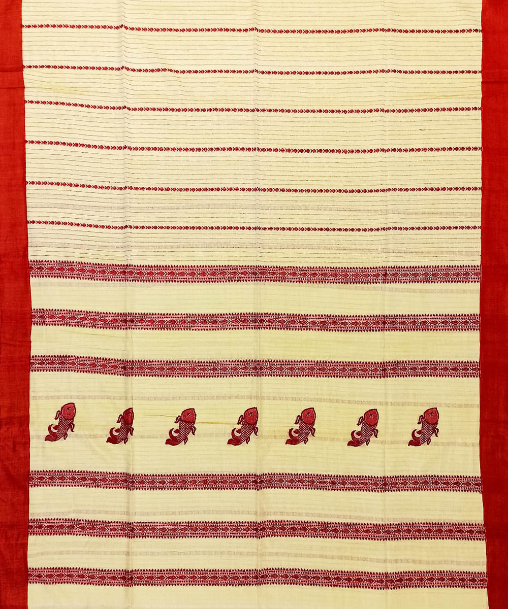 Cream red cotton handloom bengal saree