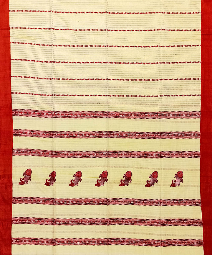 Cream red cotton handloom bengal saree
