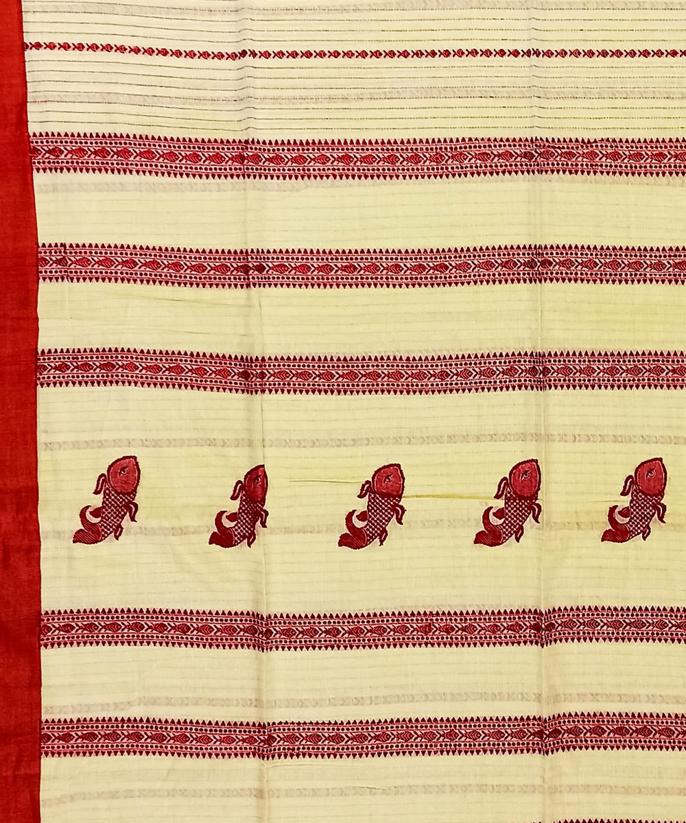 Cream red cotton handloom bengal saree