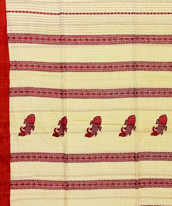 Cream red cotton handloom bengal saree