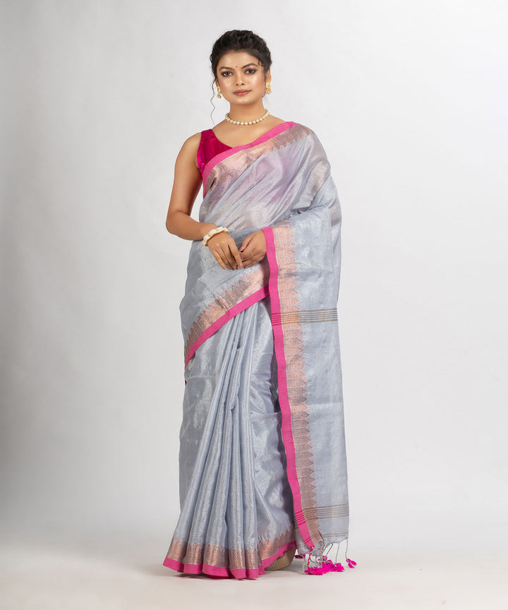 Grey pink handloom cotton tissue with jacquard border bengal saree