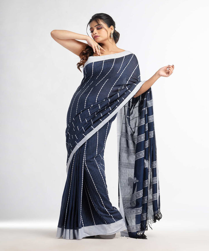 Navy blue handwoven bengal cotton saree