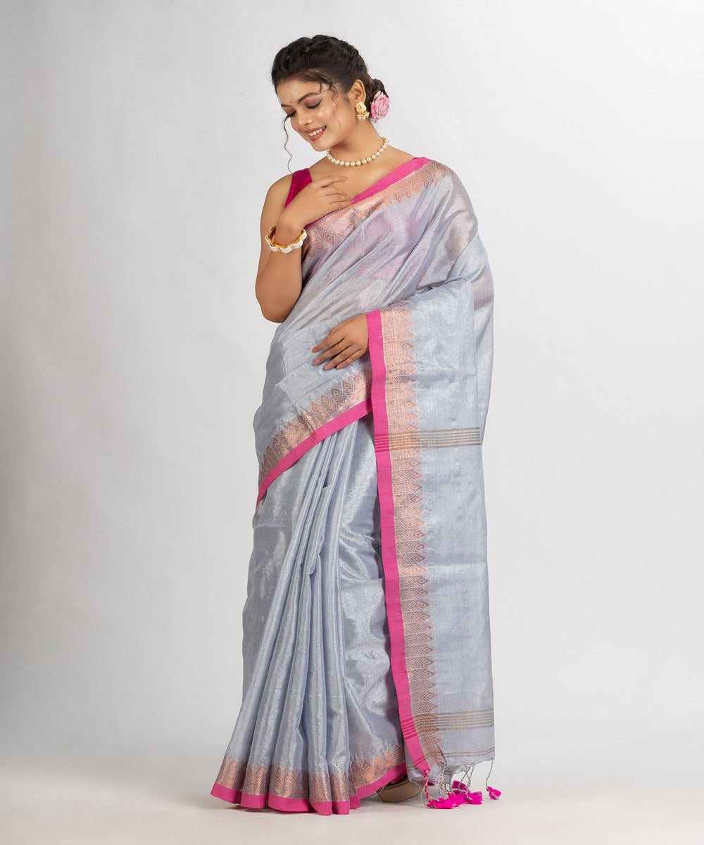 Grey pink handloom cotton tissue with jacquard border bengal saree