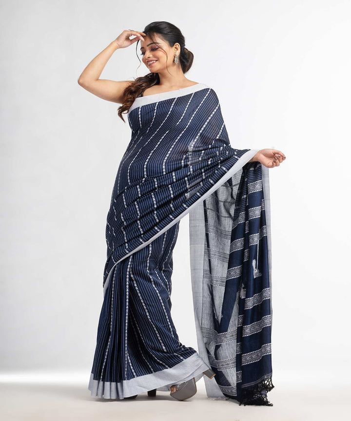 Navy blue handwoven bengal cotton saree