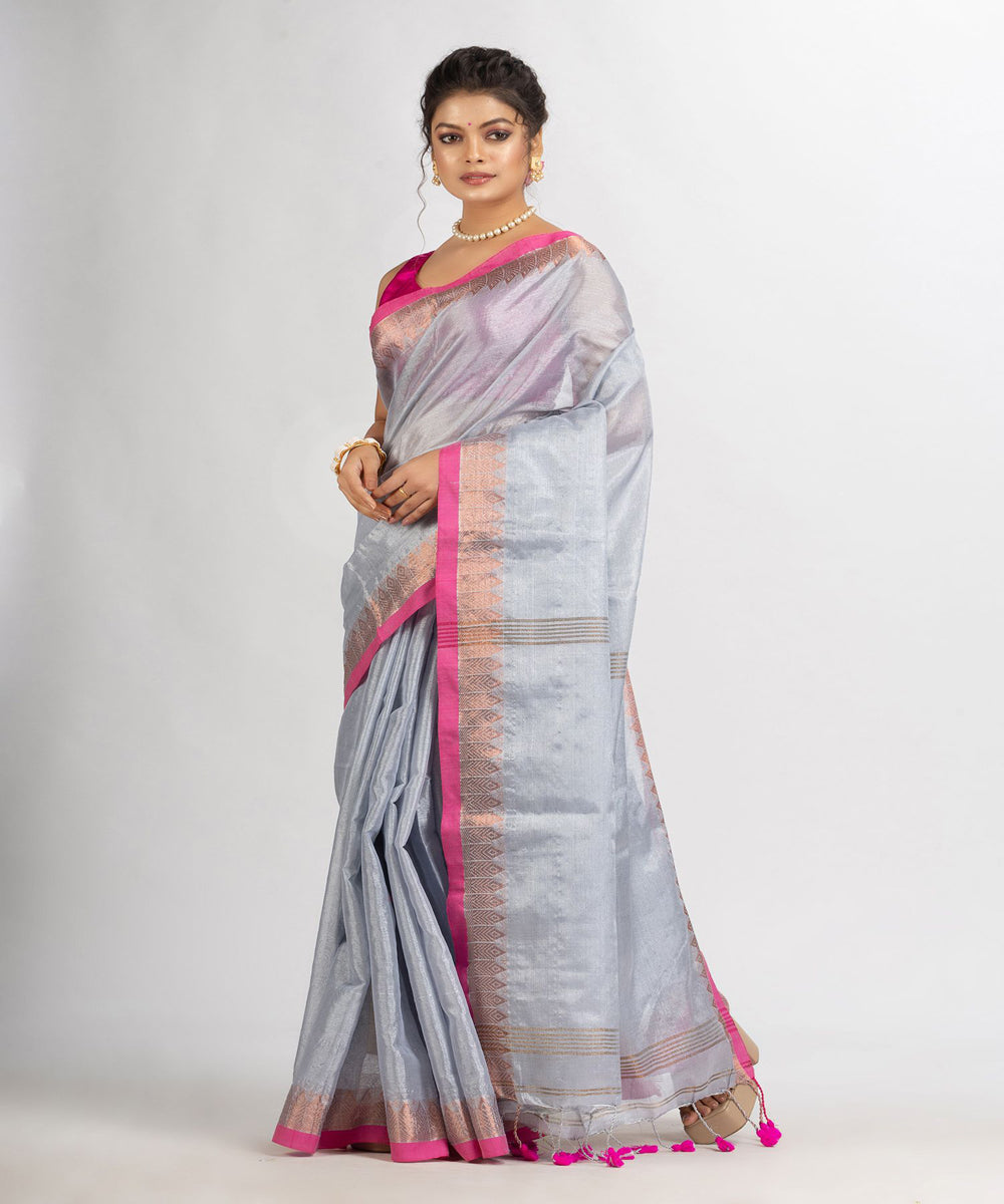 Grey pink handloom cotton tissue with jacquard border bengal saree