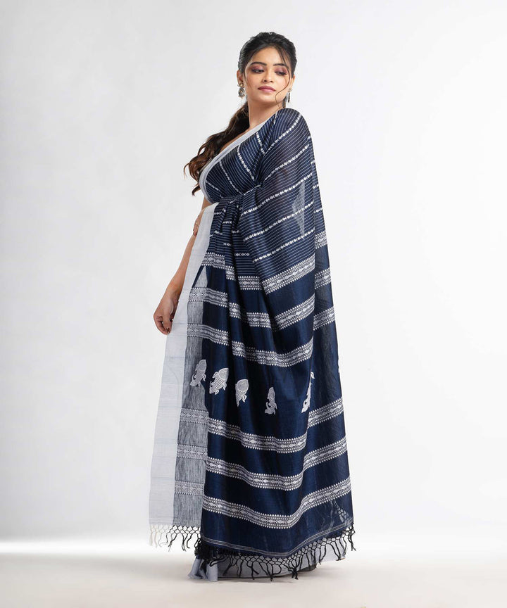 Navy blue handwoven bengal cotton saree