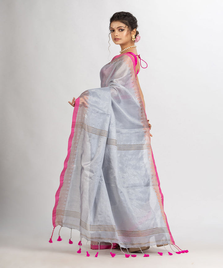 Grey pink handloom cotton tissue with jacquard border bengal saree