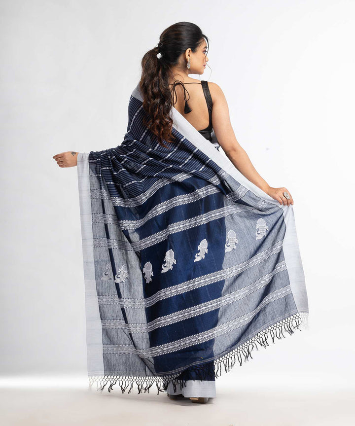 Navy blue handwoven bengal cotton saree