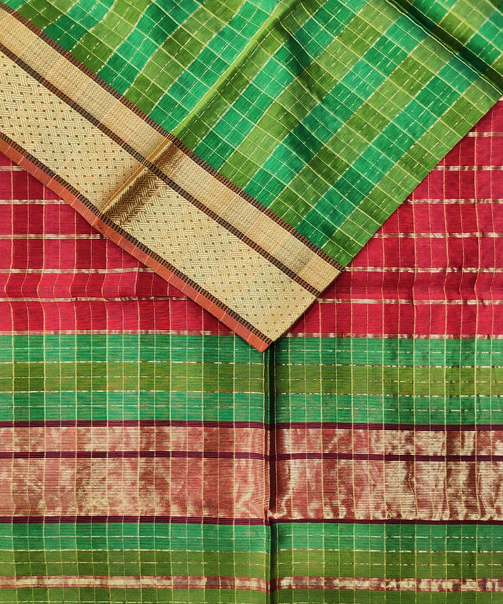 Green maroon handwoven maheshwari cotton silk saree