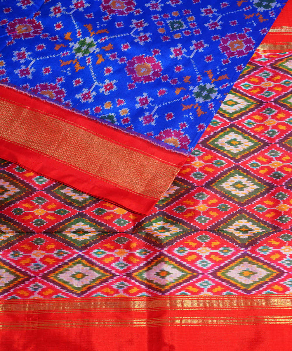 Navy blue red handwoven pochampally ikat silk saree