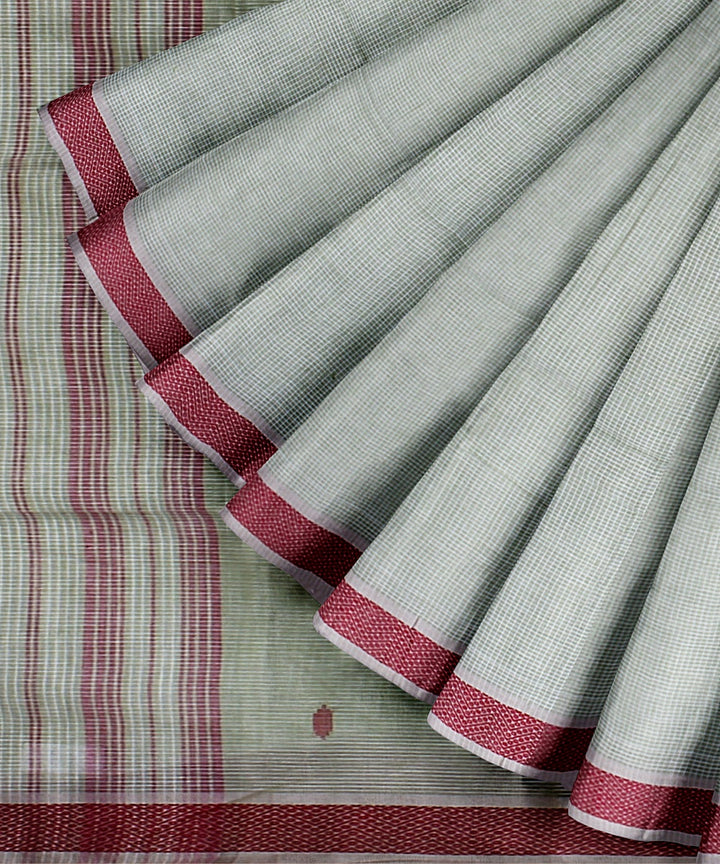 Pista green red handloom cotton bengal saree