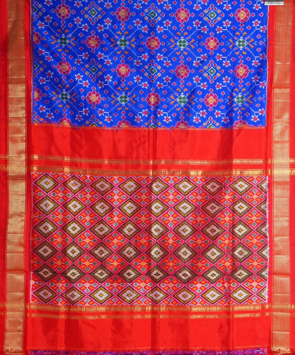 Navy blue red handwoven pochampally ikat silk saree