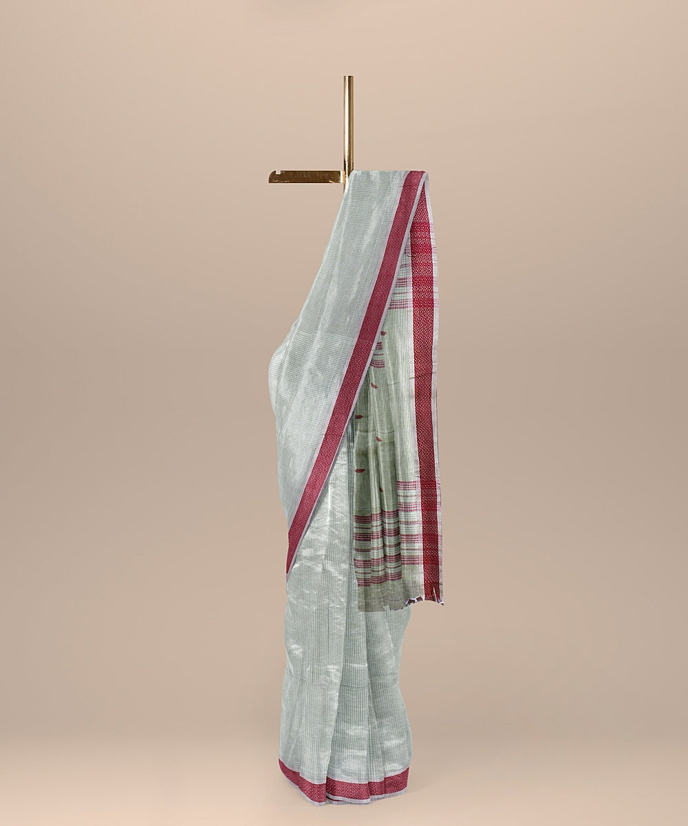 Pista green red handloom cotton bengal saree