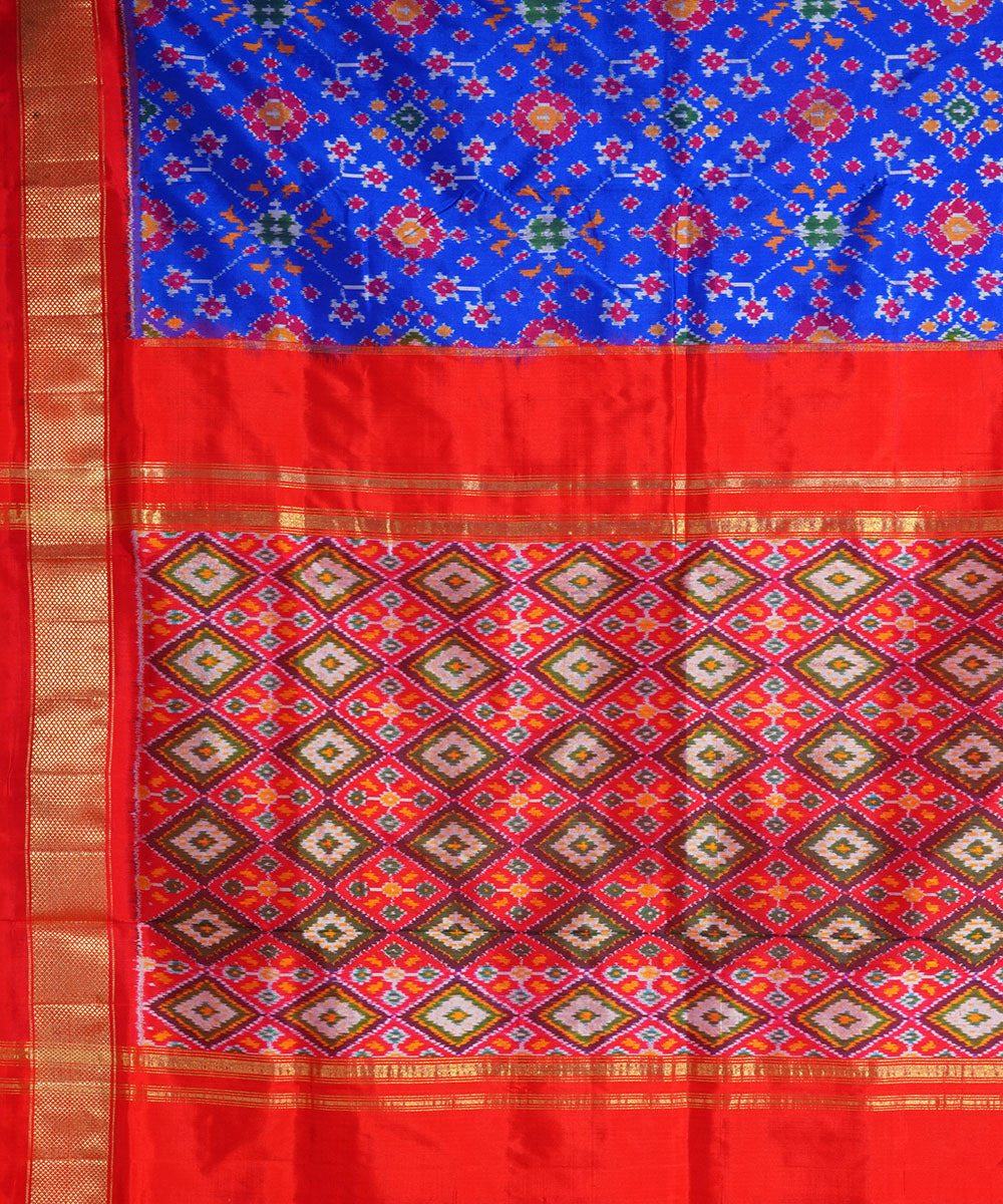 Navy blue red handwoven pochampally ikat silk saree