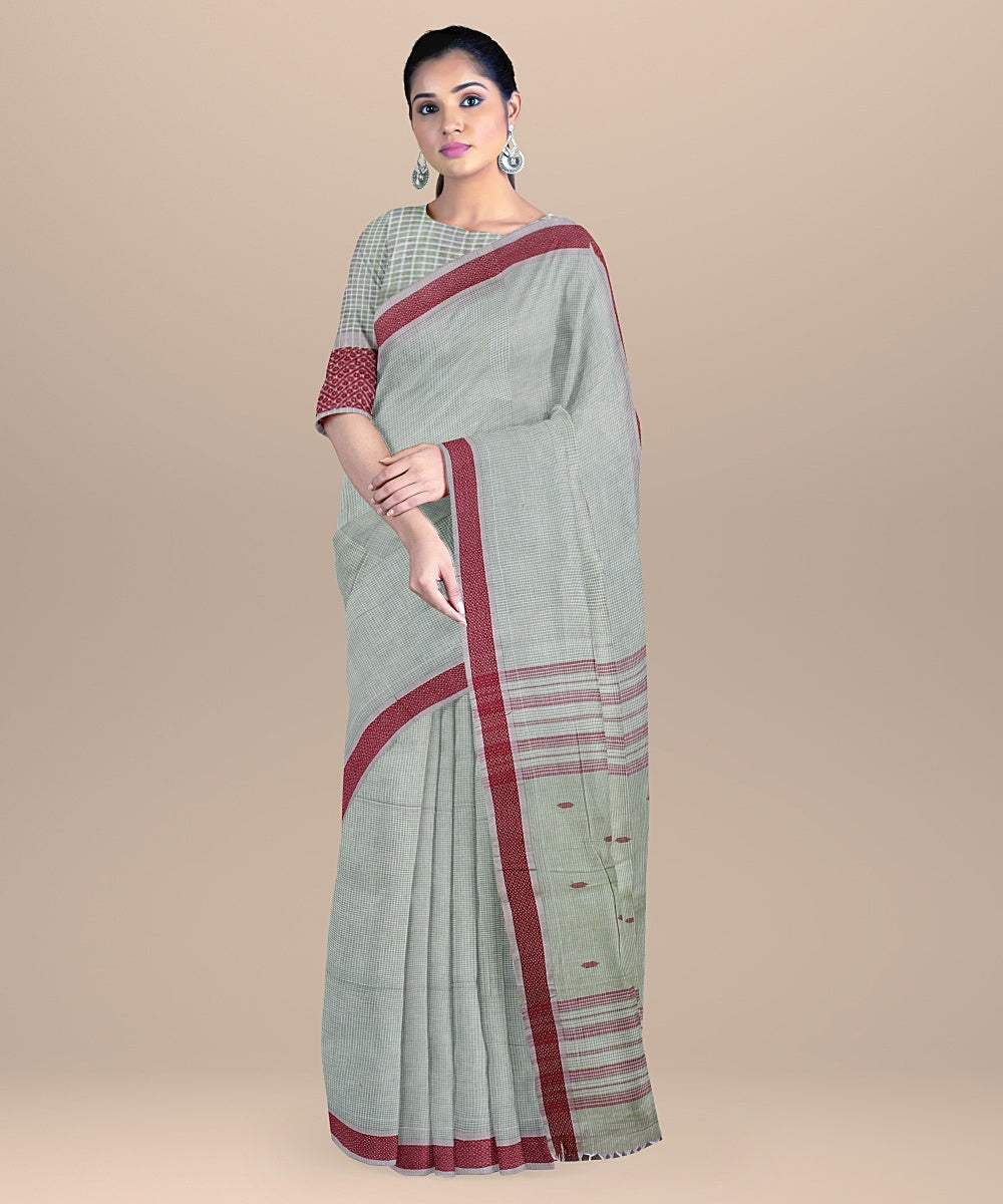 Pista green red handloom cotton bengal saree