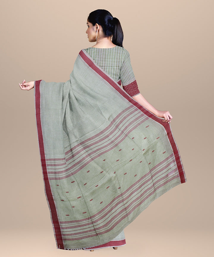 Pista green red handloom cotton bengal saree