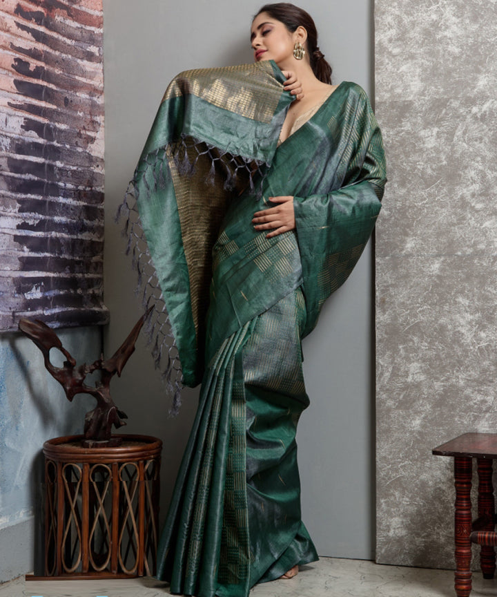 Dark green chhatisgarh tussar silk handwoven saree