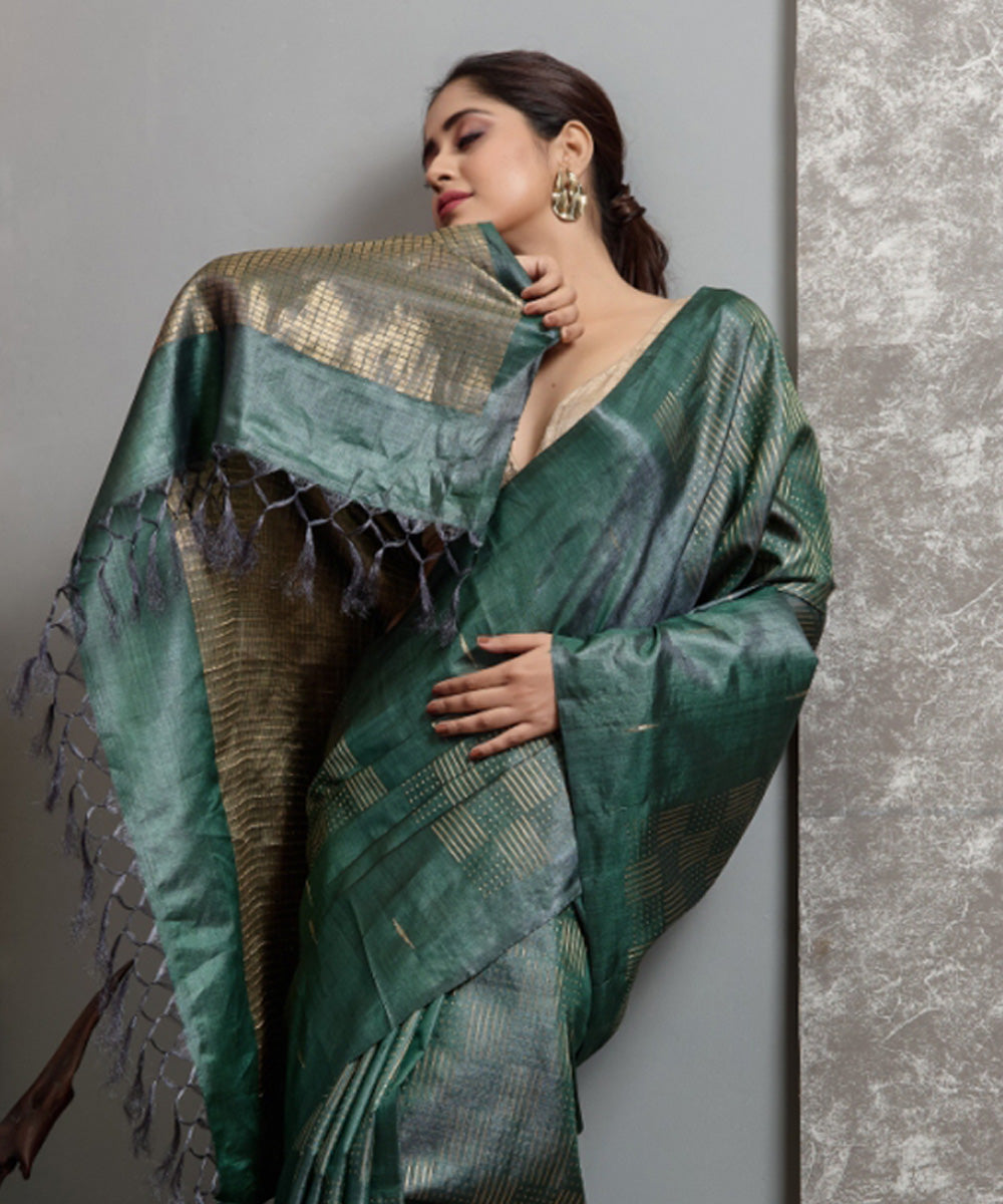 Dark green chhatisgarh tussar silk handwoven saree